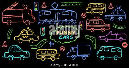 Funny cars set. Colorful vector drawing of vehicles including tram, taxi, police car, ambulance, fire truck, and convertible. Wax pastel and charcoal Stock Vector