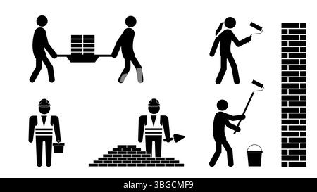 Set of stick figures, construction and repair, flat vector illustration. Stock Vector