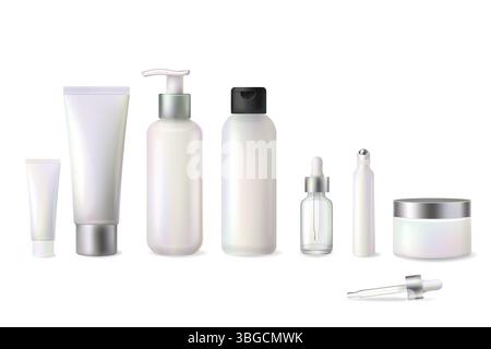 Vector mockup of cosmetic tubes, bottles and droppers with holographic shine and gradient colors. Perfect for modern beauty branding. Stock Vector
