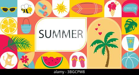 Bright colorful summer banner with beach holiday attributes. Horizontal template with geometric elements and icons. Hot summer holiday season. Vector Stock Vector