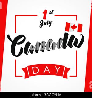 Happy Canada Day greeting card design. Geometric square frame, 3D flag and red ribbon. Set of graphic elements. White and red colours. Creative banner Stock Vector
