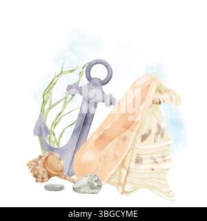 Ocean shells and starfish, ship anchor and seaweed. Watercolor illustration. Marine composition of spiral shells and underwater plants, isolated on a Stock Photo