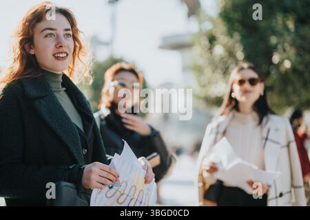 Three businesswomen collaborating outdoors on a project with documents and strategy Stock Photo