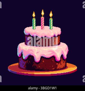 Pixel art illustration of a two-tier chocolate birthday cake with pink frosting and three lit candles. Retro 8-bit style, suitable for games Stock Vector