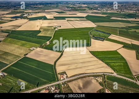Farmland forming a colorful patchwork with different crops and agricultural fields creating geometric shapes Stock Photo