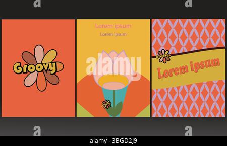 Retro Vintage Design Set – Logo, Poster, Postcard, and Seamless Background in 70s–90s Style Stock Vector
