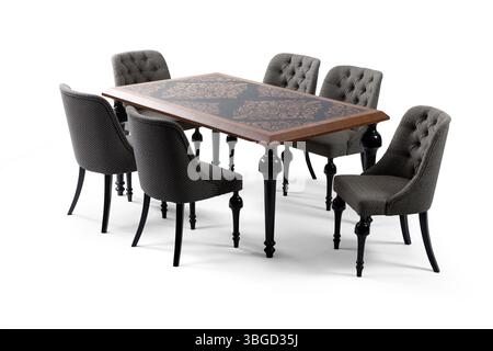 wooden dining table isolated on white background .table and chair Stock Photo