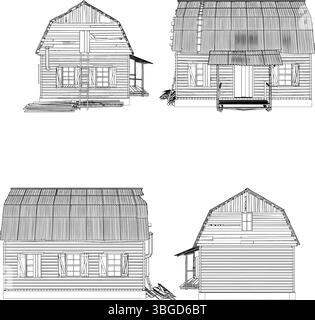Antique Old Wood House Vector. An Illustration Of a Vintage Retro Old Residential House Isolated On A White Background. Stock Vector