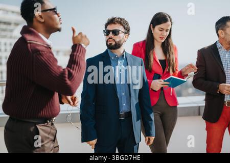 Professional business team engaging in a collaborative discussion on an outdoor terrace in urban setting Stock Photo