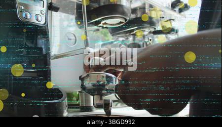 Image of falling yellow dots over barista making coffee Stock Photo