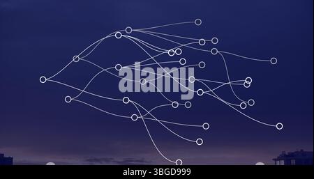 Floating network diagram with white nodes and curved connections against dusk sky over city skyline Stock Photo