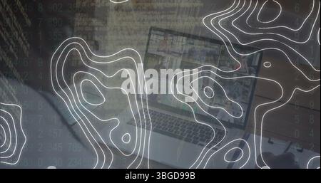 Image of white moving lines over person using laptop Stock Photo
