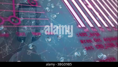 Image of graphs, data and connections over hands holding smartphone with qr code Stock Photo