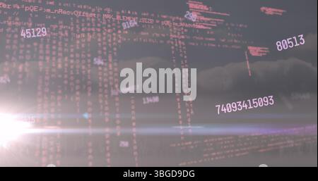Image of data processing and numbers over space with lights Stock Photo