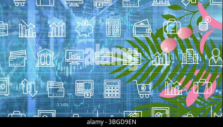 Image of falling icons and leaves over data processing Stock Photo