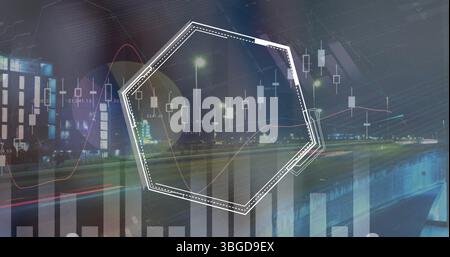 Image of graphs and hexagons over timelapse with night road traffic Stock Photo