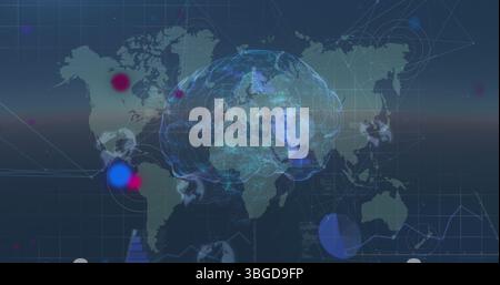 Image of red and blue dots over icons, brain and world map Stock Photo