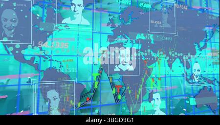 Image of statistics and data processing over globe and world map Stock Photo