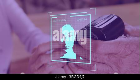 Image of data processing with people portraits over diverse people paying with credit card Stock Photo