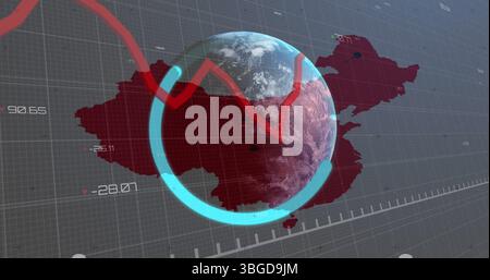Image of data processing with graph over world map and globe Stock Photo