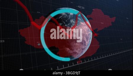 Image of data processing with graph over world map and globe Stock Photo