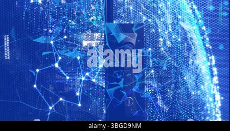 Image of moving shapes and globe over server room Stock Photo