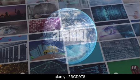Image of globe rotating over data on screens Stock Photo