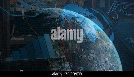 Image of globe rotating over data and graphs on black background Stock Photo