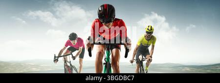 Composite image. Cyclists in competition push forward on road, central athlete in red dominates, team synergy and rivalry captured in motion Stock Photo