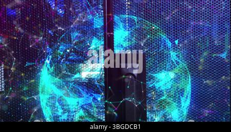 Image of moving shapes and globe over server room Stock Photo