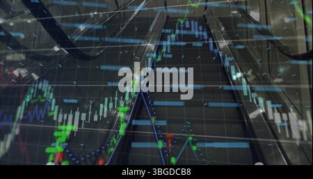 Image of graphs and financial data over escalator Stock Photo