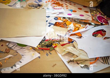 creative mess on the table while creating collages Stock Photo