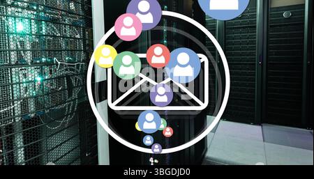 Image of falling icons and massage icon over server room Stock Photo