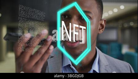 Image of numbers changing and network of connections over businessman wearing phone headset Stock Photo