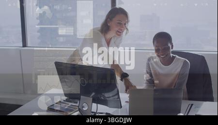 Image of online using laptop and bitcoin icons over woman using laptop Stock Photo