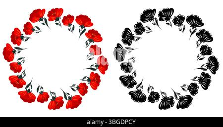 Vector set of round poppy frames and copy space. Collection of decorative red and monochrome flowers with space for text for invitations and cards Stock Vector