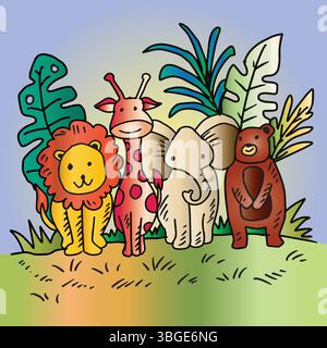 group of cute cartoon animals in the jungle Stock Vector