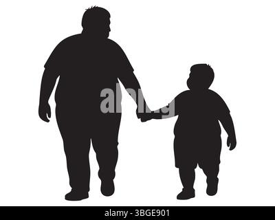 Black silhouette of an overweight man walking with child boy hand in hand, isolated on white background. concept of family, bonding, parenthood, father and son relationship, design element. Stock Vector