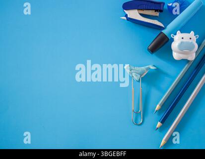 Minimal design of school supplies in soft blue colors for modern learning.Copy sapce. Stock Photo