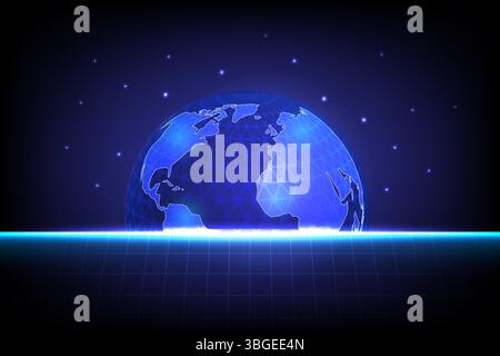 Futuristic Blue glowing Earth with hexagonal grid pattern, digital grid surface and star field in the background, technology network connection concep Stock Vector