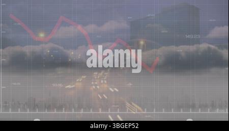 Image of financial data and graphs over cityscape Stock Photo