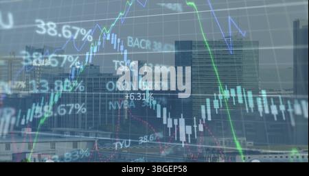 Image of financial data and graphs over cityscape Stock Photo