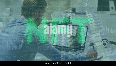 Image of nft over caucasian man having image call on laptop Stock Photo
