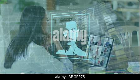Image of graphs and user photos over woman having image call on laptop Stock Photo