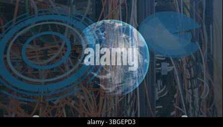 Image of globe rotating over graphs and server wires Stock Photo