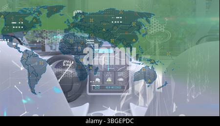 Displaying world map with icons on wheel in car cabin, with HUD showing weather, new message Stock Photo
