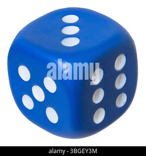 Blue die showing three on top isolated on white background Stock Photo