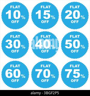 Flat discount bundle set from 10% to 75% off with plain white background, perfect for social media promotions and marketing use. Stock Vector