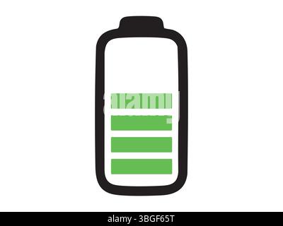 Black outline icon of half full battery with green bars isolated on white background. Concept of battery charge level, energy indicator, charging progress, power status display. Stock Vector