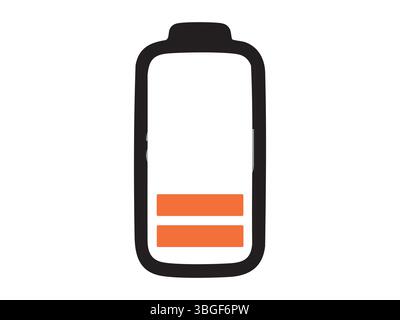 Minimalist illustration of low battery icon with orange power level indicator, isolated on white background. concept of energy, power, technology, smartphone, device, low charge. Stock Vector